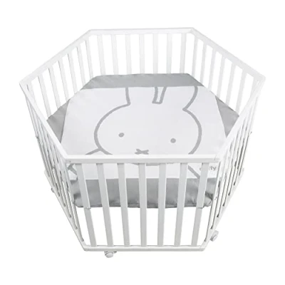 Immagine di roba Box per Bambini miffy + Materasso, Esagonale, Ruote con Freni, Coniglietto, Base Regolabile in Altezza, da 0 a 24 Mesi, Legno Laccato Bianco