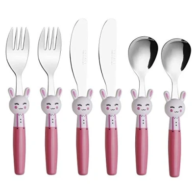 Immagine di EXZACT Posate per bambini 6 pezzi in acciaio inox/posate bimbi 2 x forchetta, coltelli, Cucchiai Cena (Conigli 6)