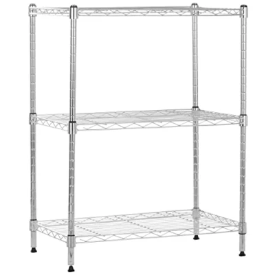 Immagine di Amazon Basics Scaffaliera a 3 ripiani stretti, altezza dei ripianie piedini di livellamento regolabili, peso massimo 340 kg, Cromo, 34 x 58.9 76.2 cm (D W H)