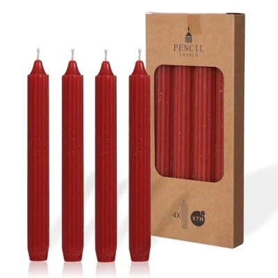 Immagine di COMFORDER Set di 4 candele da tavola in tinta unita + a coste, 20 cm, durata 7 ore (rosso)