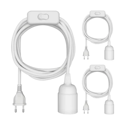 Immagine di ledscom.de 3 pezzi cavo tessile LEHA, spina, interruttore, bianco, m, presa lampada, 1x E27 max. 60W