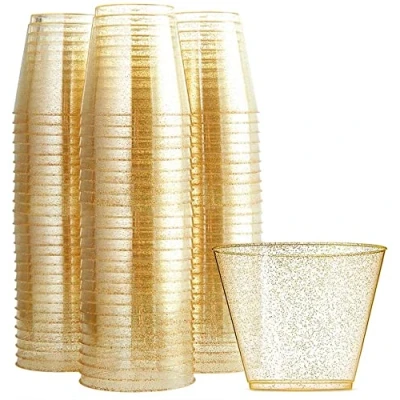 Immagine di KAHEIGN 60Pz Glitter Oro Bicchieri di Plastica, 270ml Tazze Da Dessert Rotonde Tazza Trasparente per Antipasto Semifreddo Portata Riutilizzabili Whisky Bere Gelatina (7 x 8,5 cm)