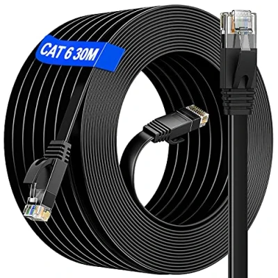 Immagine di Cavo Ethernet 30 Metri, Cat 6 di Rete Lan ad Alta Velocità Piatto Gigabit Internet metri 10/100/1000mbit/s Lungo Rj45 30m esterno da Impermeabile per Switch Router(30 Clips)