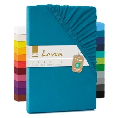 Immagine di Lavea, lenzuolo in jersey con angoli, serie Maya, 100% Cotone, lavorazione di alta qualità, elastico, certificazione Oeko Tex 100, turchese, 120 x 200 cm