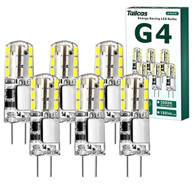 Immagine di Tailcas G4 LED Lampadina, 1.5W Equivalenti a 20W Lampada Alogena, AC/DC 12V, Bianco Freddo 6000K, 180LM Mini Lampadine (9mm * 36mm), 6 Pezzi Non Dimmerabile, per Incasso Faretti, Lampadario