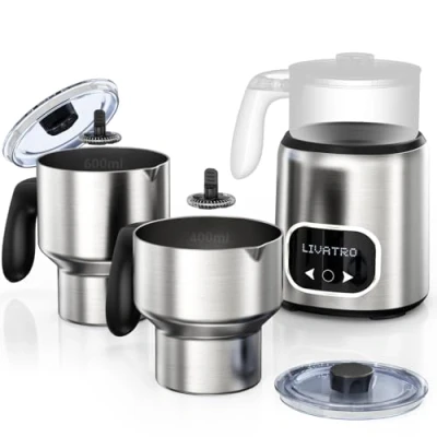 Immagine di Livatro Schiumalatte Elettrico, Doppie Tazze (600ml e 400ml) Vaporizzatore di Latte Automatico 14 in 1 per Latte, Schiuma Caldo Freddo, Cioccolata Calda