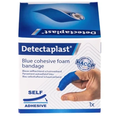 Immagine di compressa Detectaplast, autoadesiva per ferite e lesioni, cerotto in rocchetto impermeabile manipolare alimenti, super elastico, 6 cm x 1 m