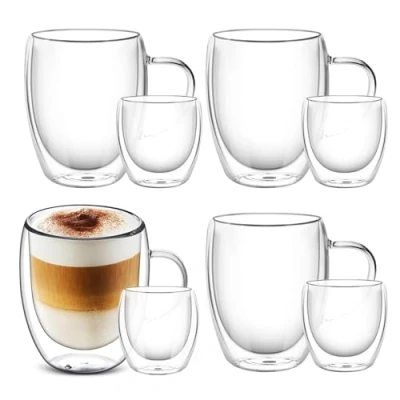 Immagine di Buumin 8 tazze da caffè e in vetro a doppia parete, 4 x 350 ml+4 80 ml, cappuccino con latte Macchiato, resistente al calore, lavabile lavastoviglie