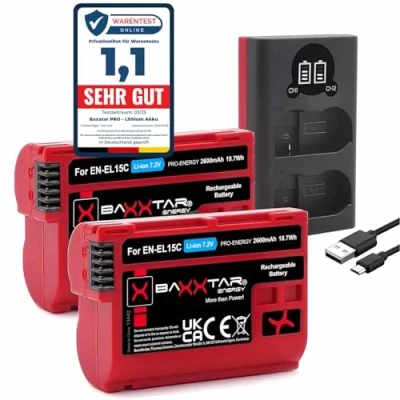 Immagine di Baxxtar Pro EN EL15c 2600mAh pacco batteria per fotocamera compatibile con Nikon Z5 Z6 II III Z7 Z8 Zf ecc. e caricatore 18522 USB Dual (ingresso Micro C)