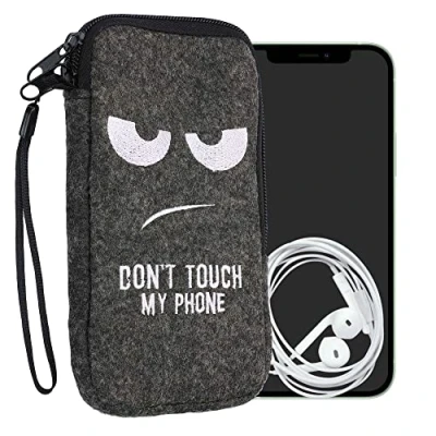 Immagine di kwmobile Custodia in feltro con zip per Smartphone L 6,5&quot; Astuccio portacellulare a sacchetto cerniera e ricamo Borsa Don&#039;t touch my phone bianco/grigio scuro