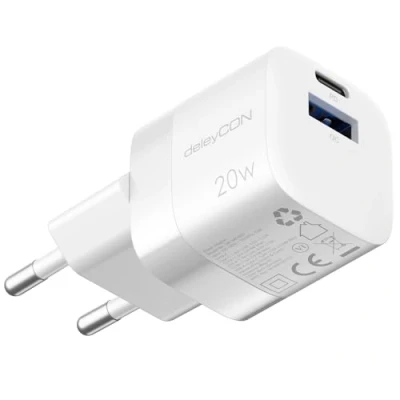 Immagine di deleyCON Caricabatterie USB A e C (2 Porte Caricatore Rapido Compatto) Alimentatore per iPhone 16/15/14/13/12/11 iPad Galaxy S24/S23 Cellulari Pixel PD 3.0 Bianco