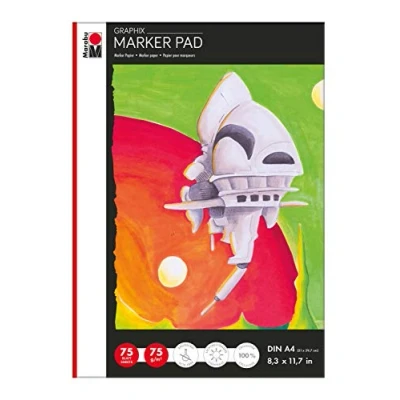 Immagine di Marabu Marker Pad Graphix Blocco di evidenziatori DIN A4, Fogli, 75 g/m2, Bianco, Liscio, Privo acidi e Resistente all&#039;invecchiamento, pennarelli a Base Alcol, unità