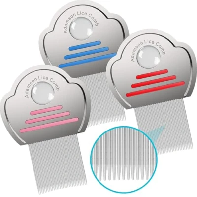 Immagine di Adamson Pettine Pidocchi e Lendini Bambini Pettinino Acciaio per x 3 Elimina Resistente facile da pulire Set Rosso, Rosa Blu