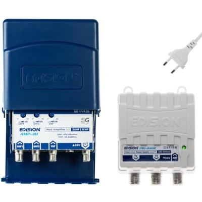 Immagine di EDISION MAK 300 Kit: Amplificatore Antenna TV da palo 2UHF, 1VHF/FM, 17 32db, 107dBmV, 24V, per Digitale Terrestre DVB T/T2, con filtro 5G LTE + Alimentatore 24V 200mA F 2 uscite