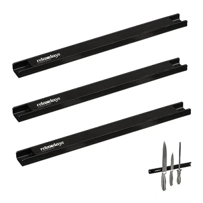 Immagine di Relaxdays Set da 3 Barra Magnetica, Striscia Lunga 30 cm, Appendi Utensili e Coltelli Acciaio Inox, Guida a Parete, Nero