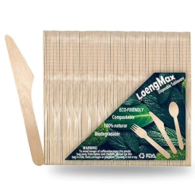 Immagine di LoengMax Coltelli in legno usa e getta, 100 pezzi, lunghezza 15,2 cm, ecologici, 100% compostabili, biodegradabili, utensili naturale