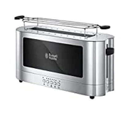 Immagine di Russell Hobbs Tostapane Design Lungo 2 fette o 1 fetta larga di pane Vetro Elegance e Acciaio Inox; Scomparto per toast extra ampio, 6 livelli doratura; Scongelamento; 1420W, 23380 56