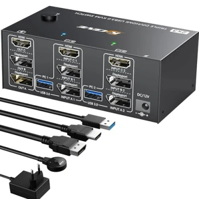 Immagine di Triple monitor KVM Switch 2 Displayport + HDMI, 8K@60Hz 4K@144Hz, USB 3.0 PC 3 monitor, 1.4 HDMI 2.1 per parti mouse, tastiera e
