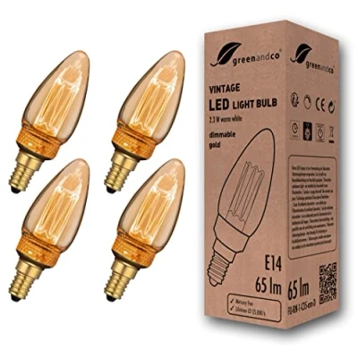Immagine di greenandco 4x lampadina a LED dimmerabile di design vintage in stile retrò E14 C35 2,3W 65lm 1800K 320 230V, ambra, nessun sfarfallio