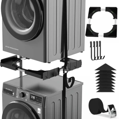 Immagine di Ultrasottile Kit Sovrapposizione Lavatrice &amp; Asciugatrice Universale Sistema di Impilaggio Regolabile 45 68cm/ Con 4 ganci Anti Vibrazione Installazione Senza Fori per Candy/Whirlpool (Nero)