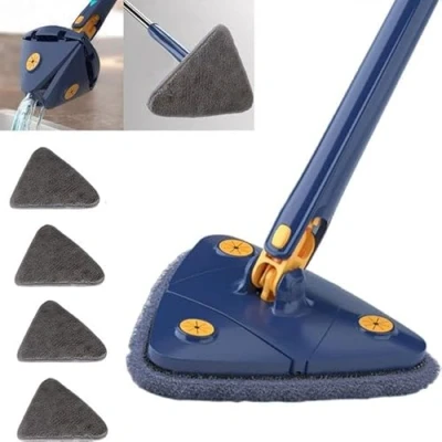 Immagine di Earnmore mocio triangolare girevole a 360 gradi, telescopico regolabile, multifunzione, Push Pull automatico (blu + 4 cuscinetti)