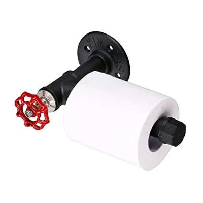 Immagine di BTSKY Portarotolo di carta igienica in stile retrò industriale, da parete, retrò, porta asciugamani, gancio per accappatoio, accessori bagno, manico rosso