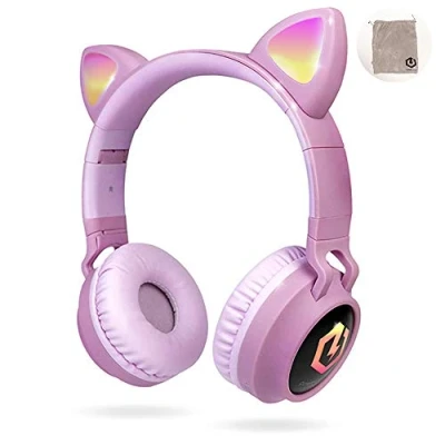 Immagine di PowerLocus Cuffie Bluetooth per Bambini, Senza Fili Over Ear, Limitatore audio a 85 dB, Con orecchie LED, Pieghevole, Microfono, Micro SD, Sacchetto da Trasporto Viaggio/Telefono/PC