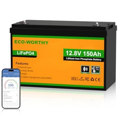 Immagine di ECO WORTHY LiFePO4 batteria Bluetooth 150 Ah 12 V con protezione BMS da 120 a e fino 15000 cicli, al litio 1920 Wh per camper, roulotte, barca, impianto solare completo