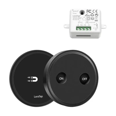Immagine di LoraTap Interruttore Luce Senza Fili, Luci Mobile + Ricevitore a Relè Radio Telecomando On/Off Switch Wireless per Lampade e Apparecchi Elettrici, No WiFi, App, Colore Nero