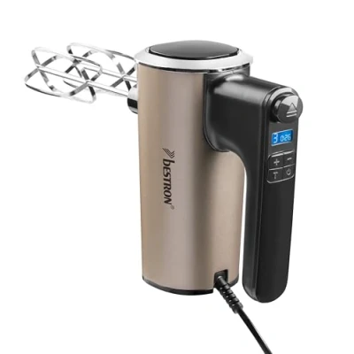 Immagine di Bestron Power Frullatore manuale a 6 livelli, funzione turbo e display LCD, con 2 fruste ganci per impastare, peso leggero di 1 kg, colore: Beige