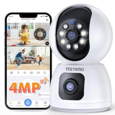 Immagine di Telecamera Wi Fi Interno 4MP, 2K Videocamera Sorveglianza con Doppia Lente, PTZ 360, Visione Notturna, Tracciamento del Movimento e Audio Bi direzionale, Funziona Alexa, WiFi 2.4/5ghz