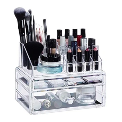 Immagine di Relaxdays Contenitore Cosmetici, Porta Trucchi Con 2 Cassetti, Make Up Organizer, Rossetti, Acrilico, Trasparente