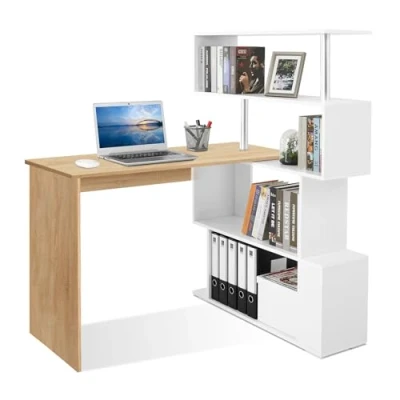 Immagine di Mondeer Scrivania per Computer a Forma, Legno e Bianco, 157 x 45 130,5 cm