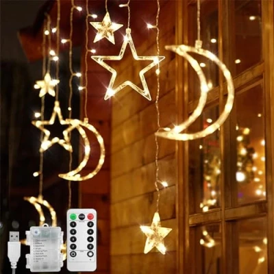 Immagine di Jsdoin Ramadan Stringa di luci LED a forma stella, luna, 3,5 m, con 8 modalità lampeggianti, decorazione per Natale, matrimoni, feste, casa, terrazza, ramadan, prato（B (Bianco Caldo)）