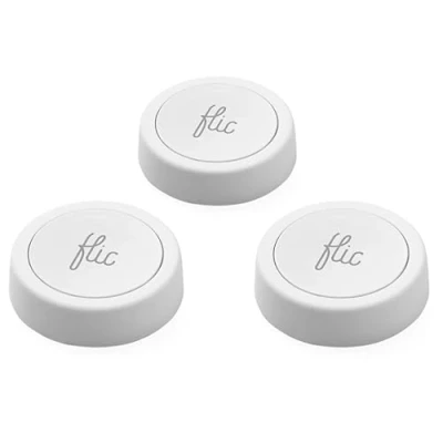 Immagine di Pulsante Flic Bianco Confezione da 3: Controlla luci, musica e altro con pressione, doppia mantenimento. Compatibile Alexa, HomeKit, Matter. Configurazione via app, Bluetooth/Wi Fi.