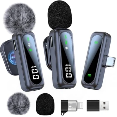 Immagine di dralud Microfono Lavalier Wireless con Riduzione Del Rumore, per Porta Type C/Lightning/USB, iPhone Plug Play Registrazione Video, Live Steam, Intervista(2 Mics)