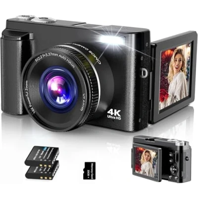 Immagine di Fotocamera Digitale, 4K UHD con Scheda 32G, Vlogging da 48 MP Schermo Flip a 180 e Lente UV, Compatta per Adolescenti, Principianti, Adulti