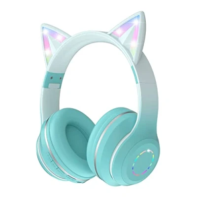 Immagine di Cuffie Bluetooth Per Bambini, Con Orecchie Di Gatto, Pieghevoli, Ragazze, Senza Fili, Luce A Led, Gatto E Microfono Scuola/Tablet/Cellulare/Pc (Blu)