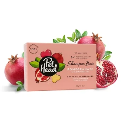 Immagine di Saponetta Shampoo Pet Head al melograno per cani l’olio di cocco deterge, idrata e nutre un pelo soffice lucente. Ingredienti naturali formula vegana; senza parabeni o solfati (85g)