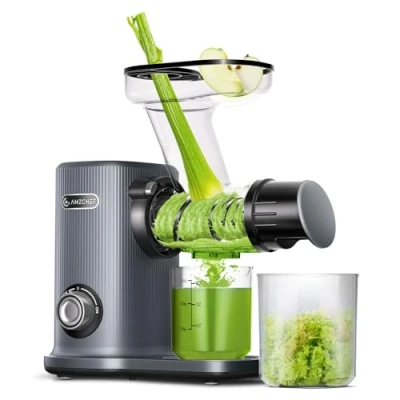 Immagine di AMZCHEF Estrattore Compatto con Due Modalità di Alimentazione per Utilizzo Facile 150W frutta e verdura Protezione al Surriscaldamento Masticazione Inversa Grigio
