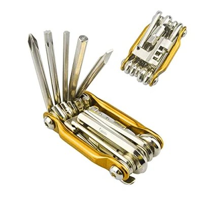 Immagine di QitinDasen 11 in 1 Strumento Bicicletta, Attrezzo Bici Multifunzione, Attrezzi Riparazione Bicicletta Mini, Multitool Pieghevole e Portatile (D&#039;oro)