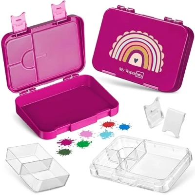 Immagine di My Vesperbox Contenitore porta pranzo per bambini, con 4 + 2 scomparti, estremamente robusto, ideale l&#039;asilo e la scuola (colore viola, disegno di un arcobaleno)