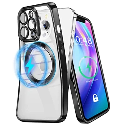 Immagine di KimFiyny Custodia magnetica, per iPhone 13 Pro, compatibile con accessori Magsafe, retro trasparente, non ingiallisce, protezione completa della lente, antiurto, resistente alle cadute, nero