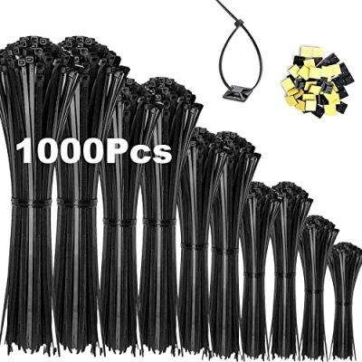 Immagine di Honyear 1000 fascette stringicavo nero 100/150/200/250/300 mm e 20 basi adesive, set di per cavi, resistenti ai raggi UV, al calore, in plastica
