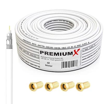 Immagine di PremiumX Basic Cavo coassiale da 10m Ricezione Perfetta con schermatura in Alluminio quadrupla 135dB Compatibile DVB S / S2, C, T, BK impianti Inclusi 4 connettori F