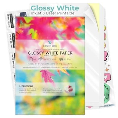 Immagine di Evergreen Goods 50 fogli di carta adesiva lucida formato A4, bianca, autoadesiva, stampabile a getto d&#039;inchiostro/laser, adesivi fai da te, compatibili con plotter, retro resistente