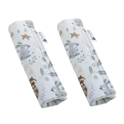 Immagine di Medi Partners 2 imbottiture per cinture di sicurezza, auto, 17 x 22 cm, 100% cotone, minky su entrambi i lati, protezione sicurezza (cervo con grigio)