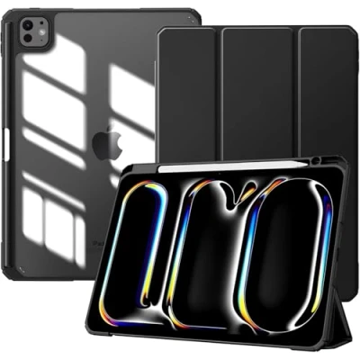Immagine di TiMOVO Custodia per iPad Pro 11 Pollici (M4) 2024 con Portapenne, Cover Protettiva Supporto Pieghevole &amp; Retro Trasparente, Auto Sveglia/Sonno, Nero