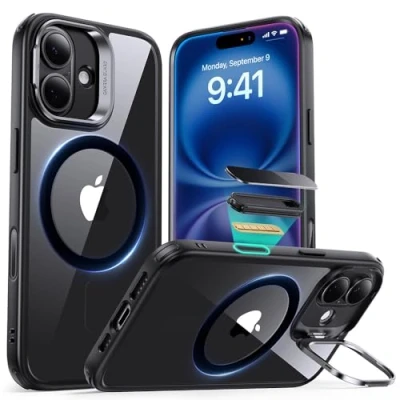 Immagine di ESR Cover per iPhone 16 con Cavalletto, Magsafe Custodia Halolock, Protezione di livello militare, Supporto ad anello la fotocamera integrato,Nero Trasparente