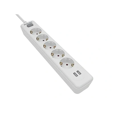 Immagine di Philips SPN3052WA/10 Multipresa a 5 prese Schuko e 2 porte USB da 2,4A, interruttore accensione/spegnimento, cavo di alimentazione intrecciato 1,5 metri (alta resistenza) Colore bianco